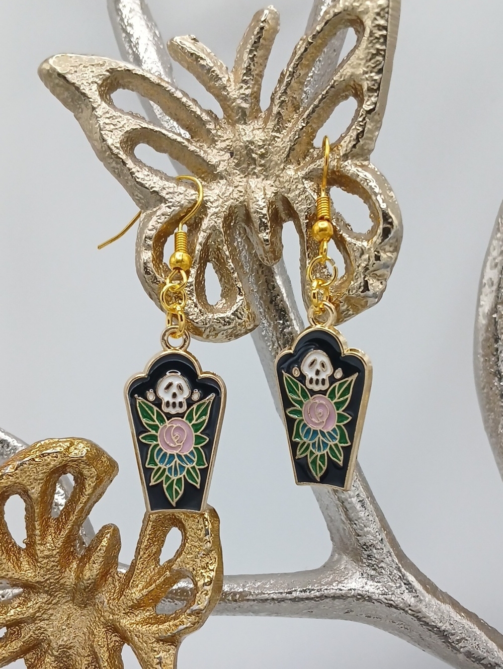 Gold-Tone Black Coffin Floral Skull Drop Earrings